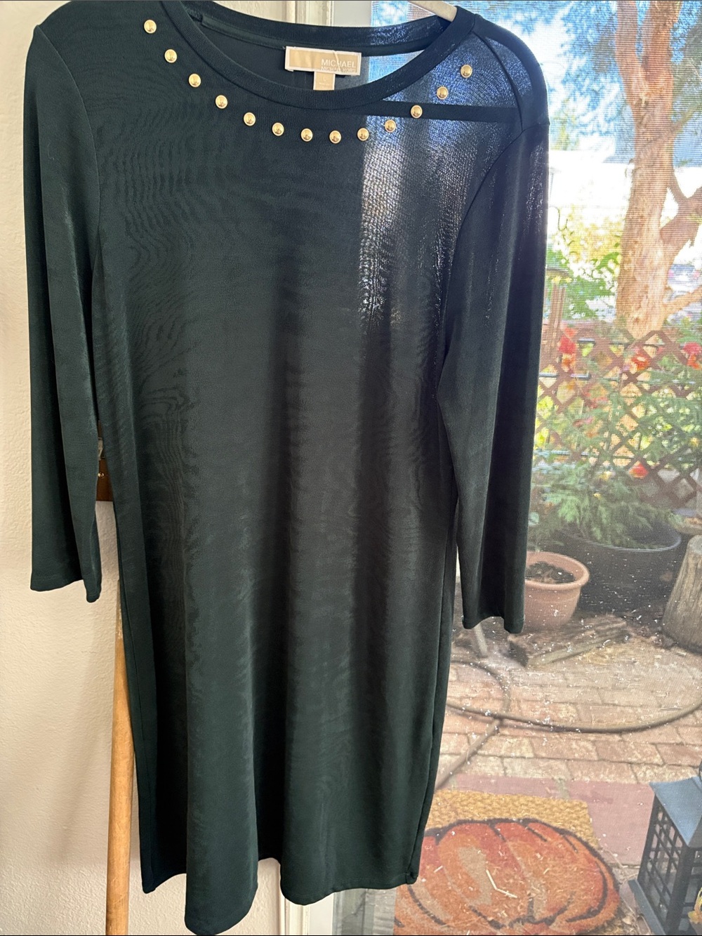 Michael Kors Black Long Sleeve Dress with Gold Stud Neckline